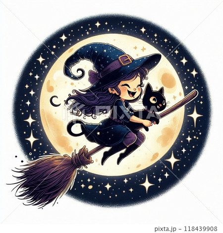 魔法のほうきに乗って夜空を駆ける小さな魔女と黒猫 魔法のほうきに乗って夜空を駆ける小さな魔女と黒猫 118439908