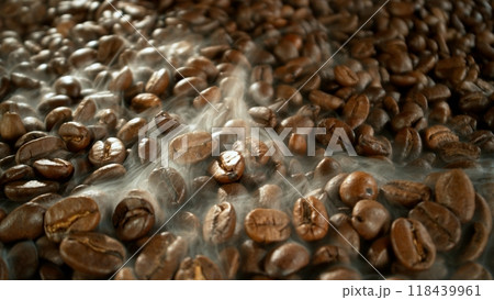 Freeze Motion of Whole Roasted Coffee Beans in Roastery Mill , Filmed on High Speed Cinematic Camera at 1000 FPS 118439961