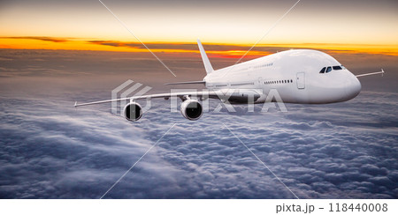 Passengers commercial airplane flying above clouds in sunset light. Concept of fast travel, holidays and business. 118440008