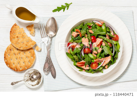 smoked salmon salad with spring veggies in bowl smoked salmon salad with spring veggies in bowl 118440471