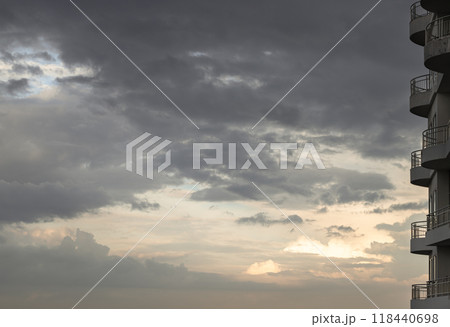 Balconies of high residential building with cloud and before sunset sky. 118440698