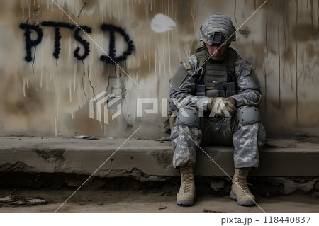 sad soldier and inscription PTSD on the wall, PTSD for post-traumatic stress disorder sad soldier and inscription PTSD on the wall, PTSD for post-traumatic stress disorder 118440837