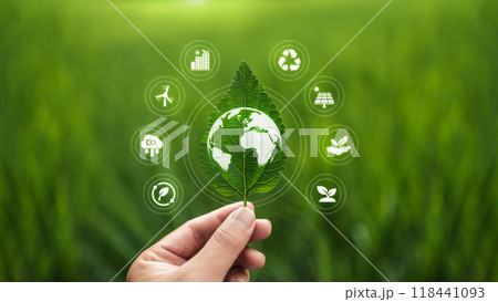 environment concept,Fresh green leaves and nature conservation icons around the leaves 118441093