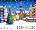 雪が降る街並みとクリスマスツリー 118441130