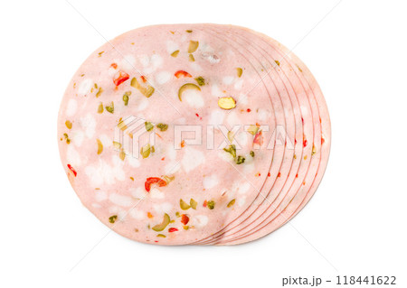 Slices of Sausage Mortadella isolated on white background. Slices of Sausage Mortadella isolated on white background. 118441622