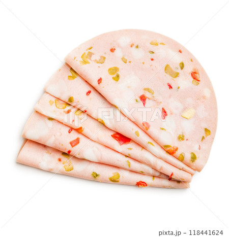 Slices of Sausage Mortadella isolated on white background. Slices of Sausage Mortadella isolated on white background. 118441624