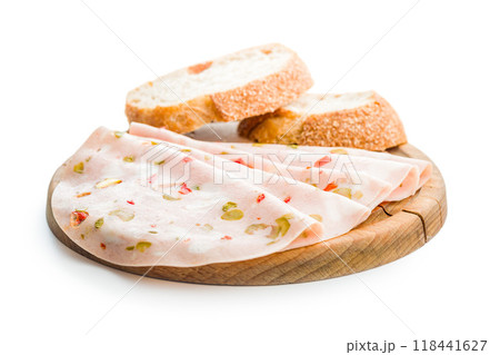Slices of Sausage Mortadella isolated on white background. Slices of Sausage Mortadella isolated on white background. 118441627