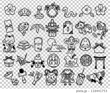 Japanese New Year illustration icon set, hand-drawn black and white line drawings (Year of the Snake) Japanese New Year illustration icon set, hand-drawn black and white line drawings (Year of the Snake) 118441753