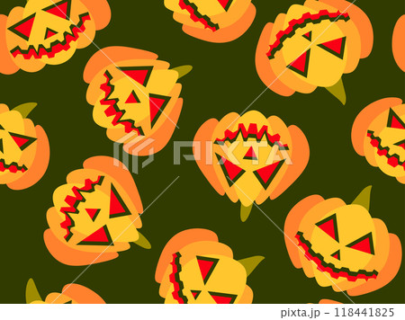 Halloween pumpkins seamless pattern. Halloween carved pumpkin face. Happy Halloween October 31st, trick or treat. Jack-o-lantern. Design for print, posters and banners. Vector illustration 118441825