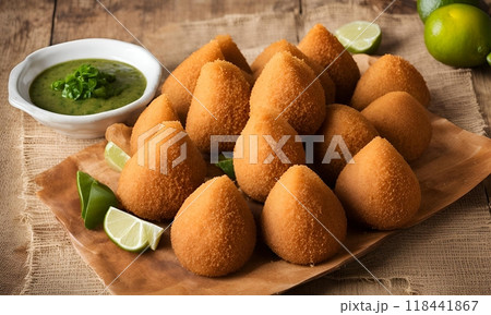 Brazilian Coxinha is a popular snack consisting of crispy golden-brown croquettes filled with savory shredded chicken and seasoned with herbs and spices for a delightful bite. AI Generated 118441867