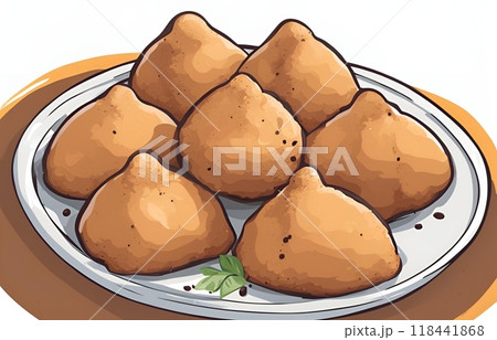 Illustration cartoon of Brazilian Coxinha shows a popular Brazilian snack teardrop-shaped, dough-covered croquettes filled with shredded chicken, battered and fried to crispy perfection. AI Generated 118441868