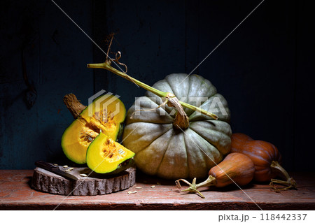 Autumn decorative composition of different types of pumpkins 118442337