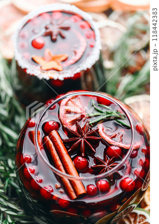 Mulled wine in glasses prepared on Christmas holidays 118442383