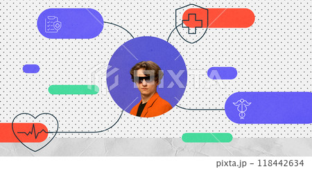 Contemporary art collage. Man in glasses feels confident because he knows that his health insurance will pay off at critical moment. Contemporary art collage. Man in glasses feels confident because he knows that his health insurance will pay off at critical moment. 118442634