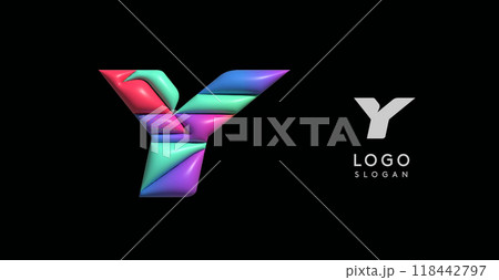 Sporty 3D bubble letter Y, puzzle-like volume effect, vibrant Memphis-style cutout logo, glossy colorful design for dynamic youthful logos, shiny colored. Vector illustration 118442797
