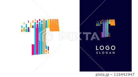 Colorful stripes transitioning into pixel-like elements fat logo template, letter T, abstract equalizer logotype for tech, creative studio, media, digital branding. Vector illustration Colorful stripes transitioning into pixel-like elements fat logo template, letter T, abstract equalizer logotype for tech, creative studio, media, digital branding. Vector illustration 118442947