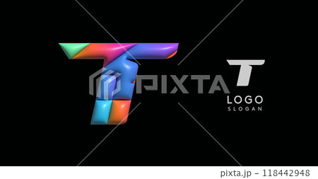 Sporty 3D bubble letter T, puzzle-like volume effect, vibrant Memphis-style cutout logo, glossy colorful design for dynamic youthful logos, shiny colored. Vector illustration Sporty 3D bubble letter T, puzzle-like volume effect, vibrant Memphis-style cutout logo, glossy colorful design for dynamic youthful logos, shiny colored. Vector illustration 118442948