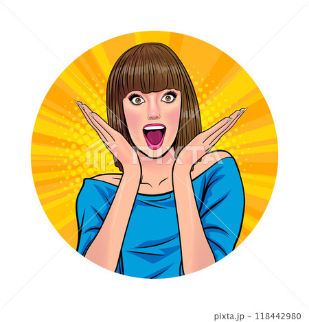 Avatar of woman or business person in various poses, circle background, pop art comics style 118442980