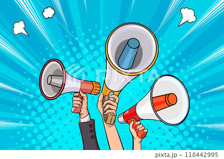 Hand holds megaphone bullhorn in retro pop art comic style Loudspeaker Business banner Hand holds megaphone bullhorn in retro pop art comic style Loudspeaker Business banner 118442995