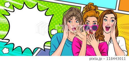 Woman whispering gossip secret to her friend surprise In Retro Vintage Pop Art Comic Style Woman whispering gossip secret to her friend surprise In Retro Vintage Pop Art Comic Style 118443011