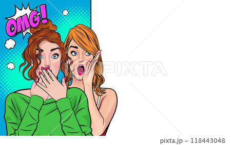 Woman whispering gossip secret to her friend surprise In Retro Vintage Pop Art Comic Style 118443048