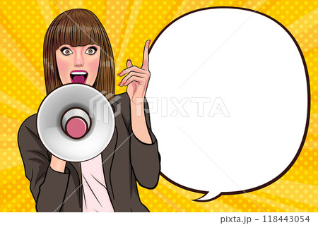 Business woman with loudspeaker megaphone announcing discount or sale Special offer shopping time Business woman with loudspeaker megaphone announcing discount or sale Special offer shopping time 118443054