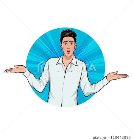 Avatar of man or business person in various poses, circle background, pop art comics style 118443059