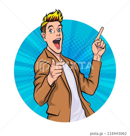 Avatar of man or business person in various poses, circle background, pop art comics style Avatar of man or business person in various poses, circle background, pop art comics style 118443062