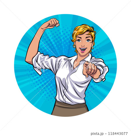 Avatar of woman or business person in various poses, circle background, pop art comics style 118443077