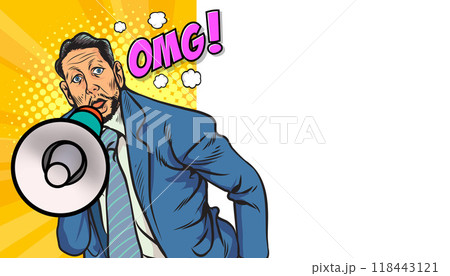 Business man with loudspeaker megaphone announcing discount or sale Special offer shopping time 118443121