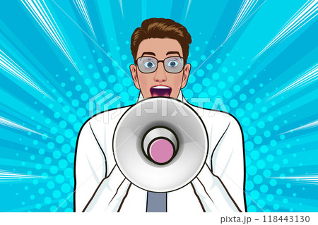 Business man with loudspeaker megaphone announcing discount or sale Special offer shopping time 118443130