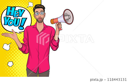 Business man with loudspeaker megaphone announcing discount or sale Special offer shopping time Business man with loudspeaker megaphone announcing discount or sale Special offer shopping time 118443131