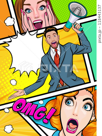 Business man with loudspeaker megaphone announcing discount or sale Special offer shopping time Business man with loudspeaker megaphone announcing discount or sale Special offer shopping time 118443137