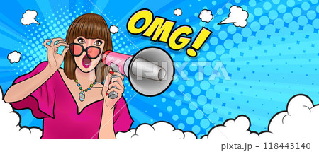 Business woman with loudspeaker megaphone  announcing discount or sale Special offer shopping time 118443140