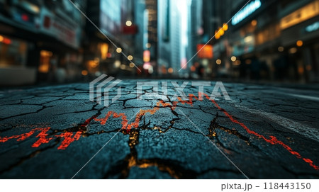 金融街のひび割れた地面に重なる下落する株価グラフ 金融街のひび割れた地面に重なる下落する株価グラフ 118443150