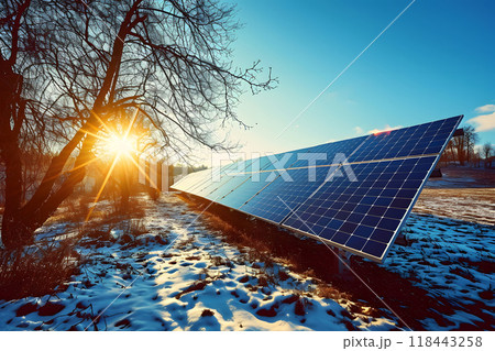 Photovoltaic solar panels in the field at winter sunset or sunrise 118443258