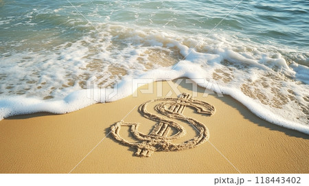 ドル記号が海の波に洗い流される 118443402