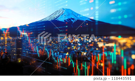 富士山と株式市場グラフのオーバーレイ 118443591