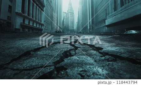 金融崩壊を表す都市の通りに描かれた炎のグラフと地面のひび割れ 118443794