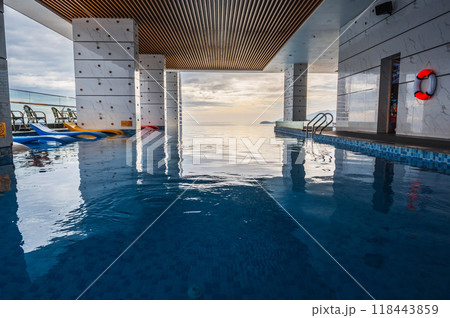 interior of luxury skyscraper hotel with rooftop pool overlooking the sea interior of luxury skyscraper hotel with rooftop pool overlooking the sea 118443859