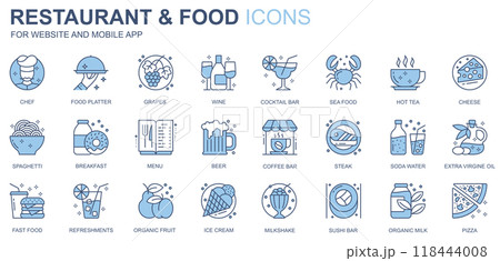 Restaurant and food web icons set in duotone line design. Pack of chef, platter, grapes, wine, cocktail bar, seafood, tea, cheese, spaghetti, menu, other outline stroke pictograms. Vector illustration 118444008