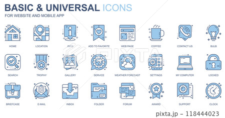 Basic and universal web icons set in duotone line design. Pack of home, location, info, add to favorite, webpage, coffee, contact, search, gallery, other outline stroke pictograms. Vector illustration 118444023