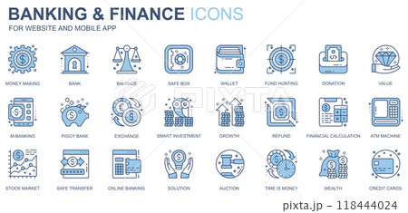 Banking and finance web icons set in duotone line design. Pack of money making, bank, balance, safe box, wallet, fund hunting, donation, value, other outline stroke pictograms. Vector illustration 118444024