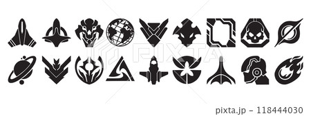 Space futuristic icon set, vector rocket sign, y2k cyber alien shape, galaxy ship minimal collection Space futuristic icon set, vector rocket sign, y2k cyber alien shape, galaxy ship minimal collection 118444030