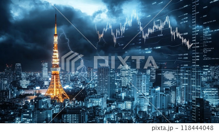 東京タワーと株式市場グラフのオーバーレイ 118444048