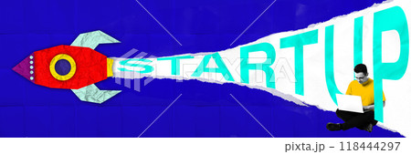 Contemporary art collage. Rocket blasts off with word Startup trailing behind, while focused worker builds ideas, capturing drive and growth in startup world. 118444297