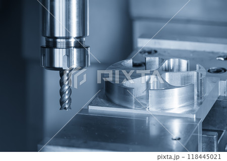 The CNC milling machine cutting the aluminum parts by solid flat nose end mill tool. The CNC milling machine cutting the aluminum parts by solid flat nose end mill tool. 118445021