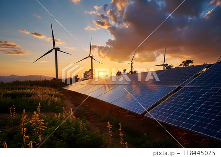 wind turbines and solar panels in the field at summer sunset 118445025