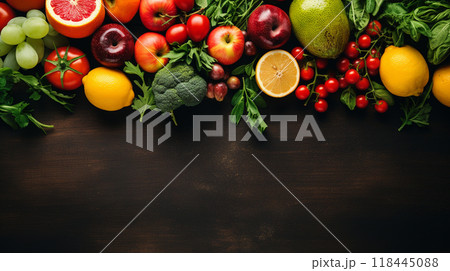 A variety of fresh ripe fruit and vegetables. Food concept background. Top view. Copy space.Generate AI A variety of fresh ripe fruit and vegetables. Food concept background. Top view. Copy space.Generate AI 118445088