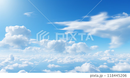 Blue sky and white clouds..blue back ground.Freshness of the new day. Bright blue background. Relaxing feeling like being in the sky , Generate AI 118445206